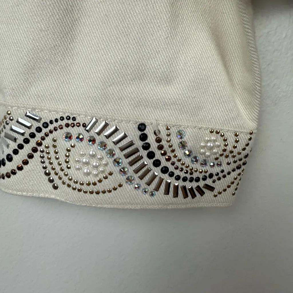 Christine Alexander Cream Silver Embroidered Jean Jacket Size M - Image 5