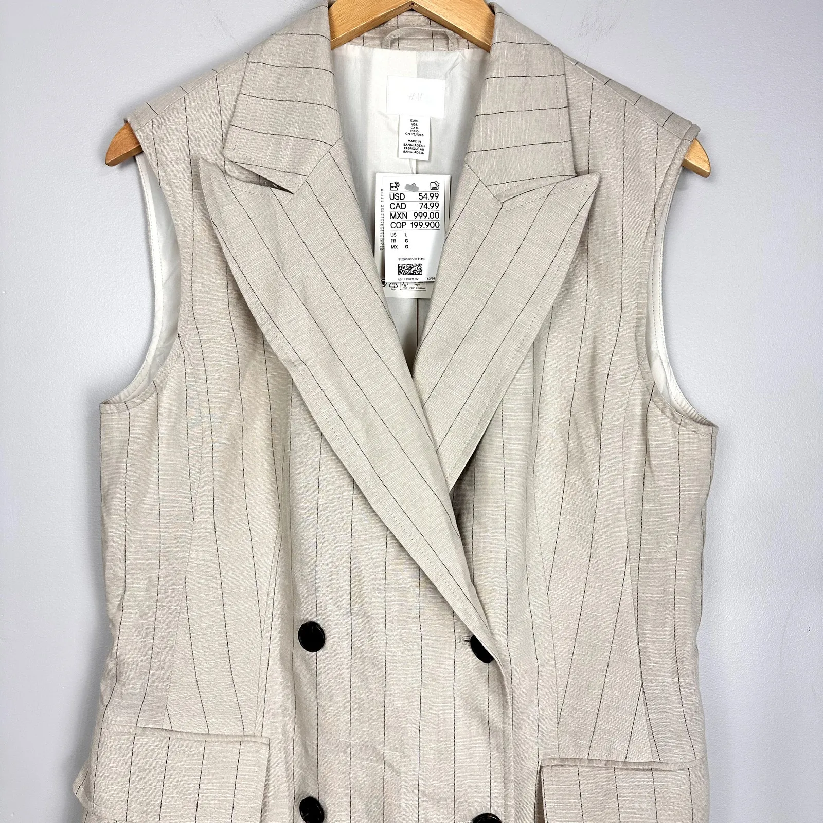 H&M Linen Blend Jacket Dress Belted Light Beige Pinstripe Size Large NWT - Image 10