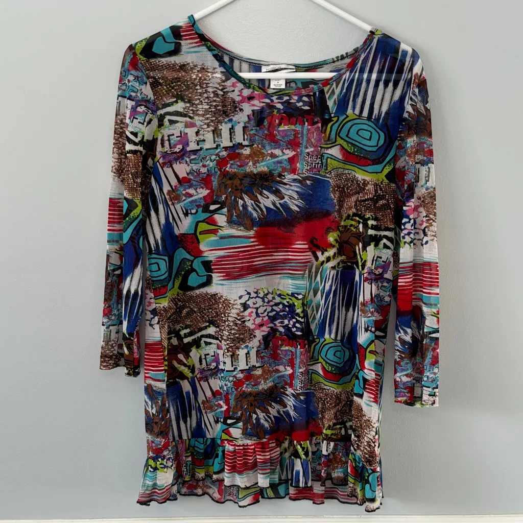 Vintage 90s Mesh Top Size Med Ruffle Hem Grunge Lightweight Geometric Patchwork - Image 3