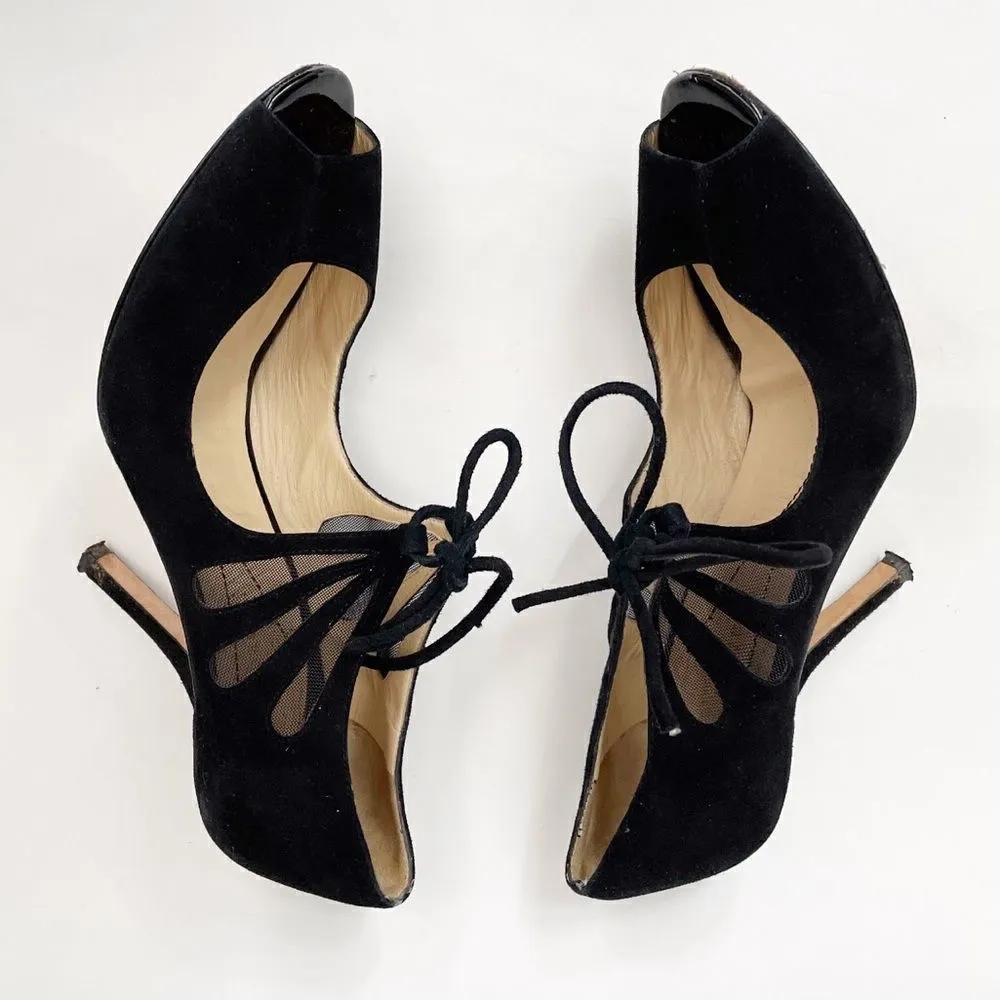 Kate Spade New York Suede Mesh Tie Peep Toe Heels Size Six Black Butterfly - Image 4