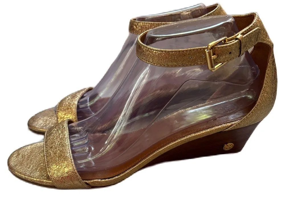 Tory Burch Gold Savannah Wedge Sandal Logo Wedges Heels Size 10 Crackle Metallic - Image 4