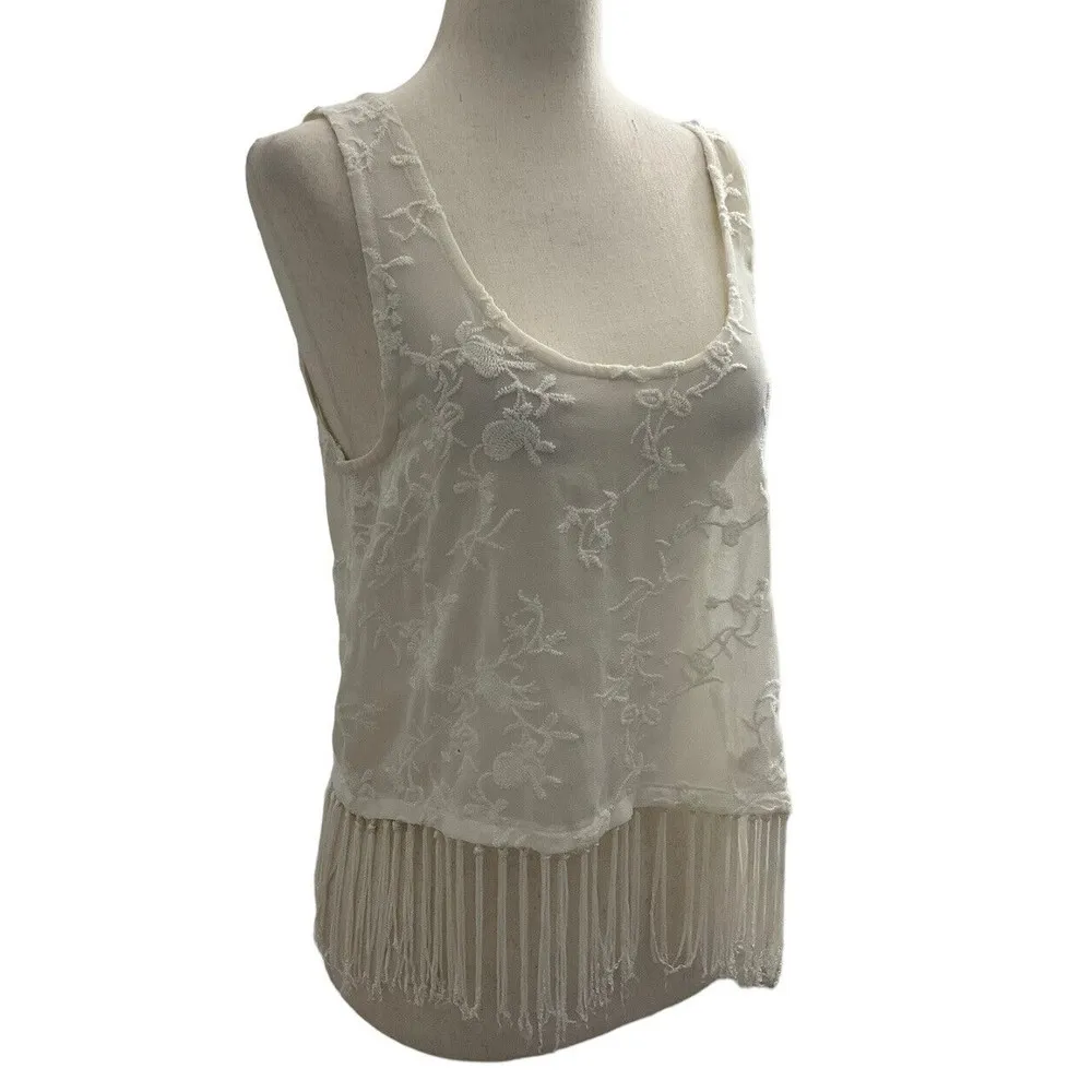 Forever 21 Women Sz Small Fringe Cream Sheer Top Summer Embroidered 18-696 - Image 2
