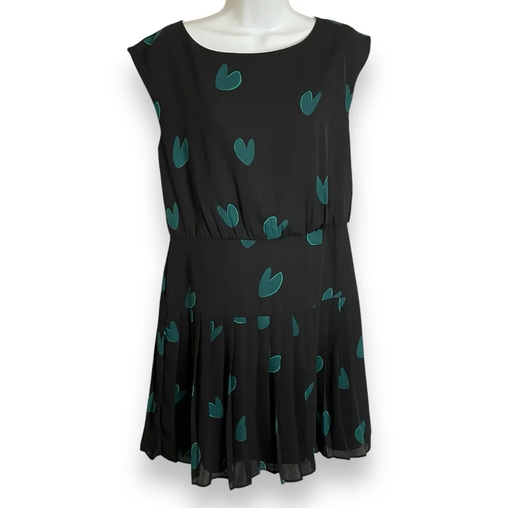 LOFT Dress Pleated‎ Black Green Hearts Mini Size 4 Cap Sleeves Valentine's Day - Image 3