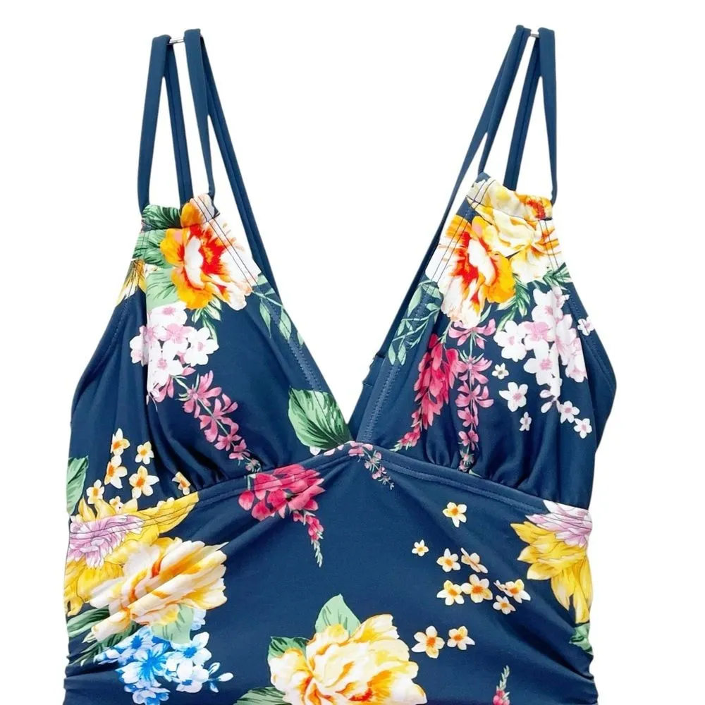 NWT Cupshe Tropical Floral Cutout One Piece Swimsuit Navy Pink Yellow Size XS - Image 3