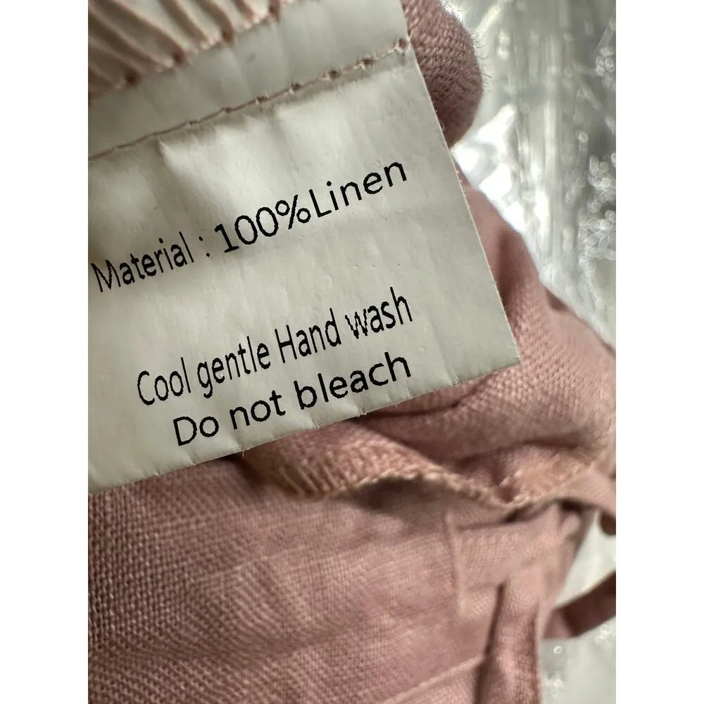 Pink Linen Pull on Ankle Pants Women Medium Raw Hem Drawstring Coastal Vaca Boho - Image 7