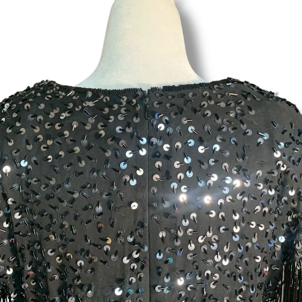 Vintage 80s Cocktail Dress Silk Black Metallic Sequin Fringe Sleeve Size 10 - Image 6