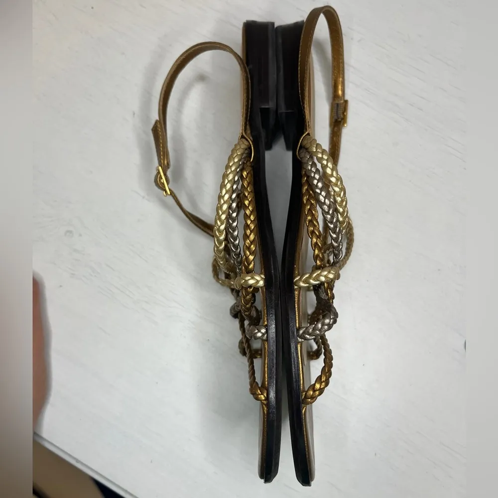 Talbots Metallic Gold Leather Braided Crisscross Straps Flat Sandal Narrow Sz 8 - Image 2