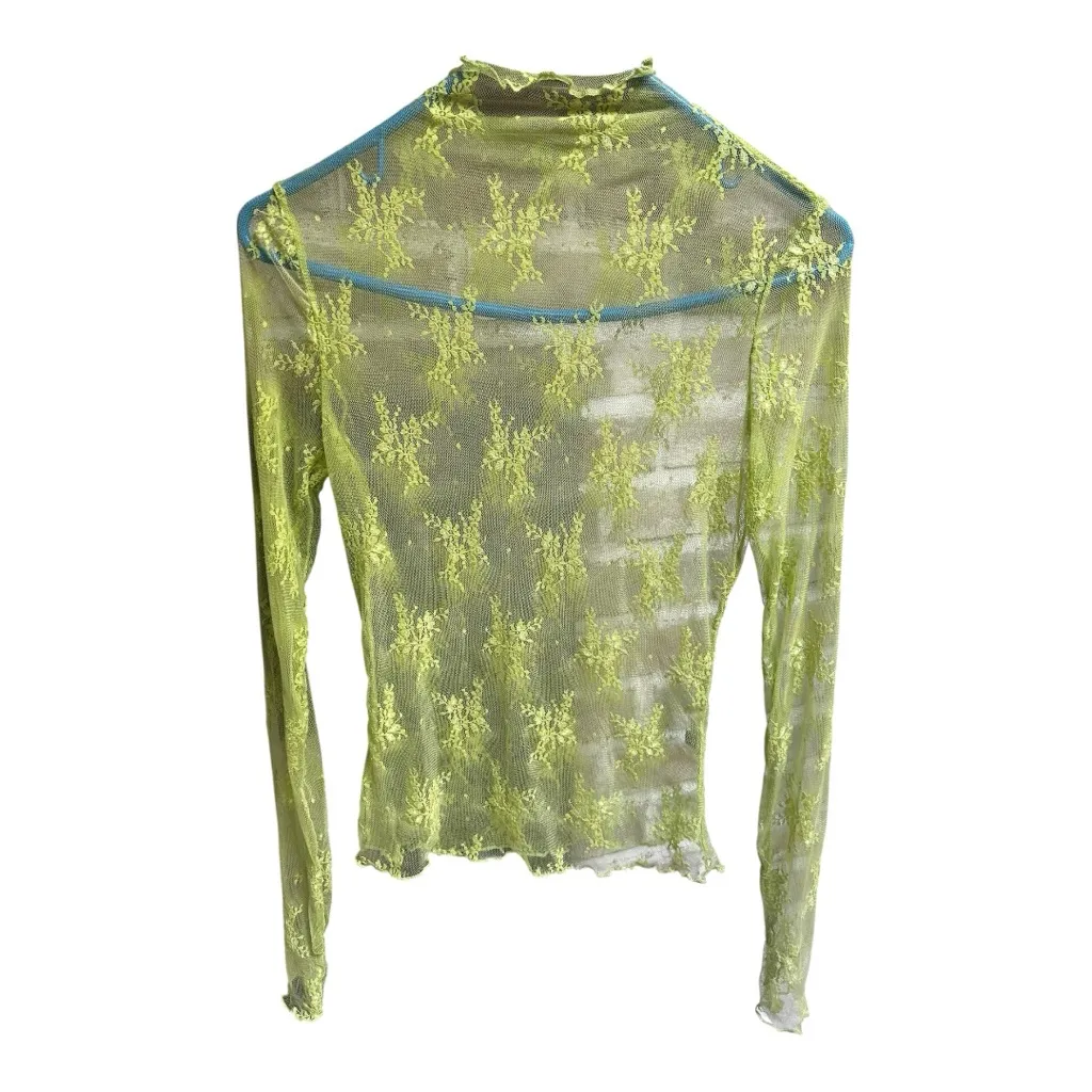 Women Y2k Style Lace Layering Tops Long Sleeve Mock Neck Sheer Green - Image 2