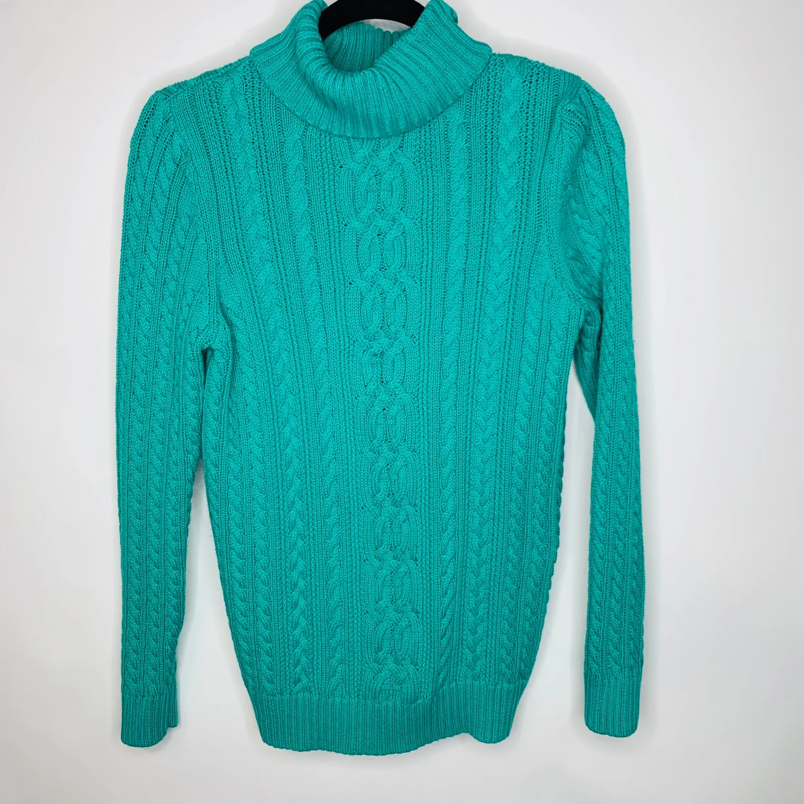 Vintage Bright Green Cable Knit Turtleneck Cotton Sweater Sz Medium Indie - Image 5