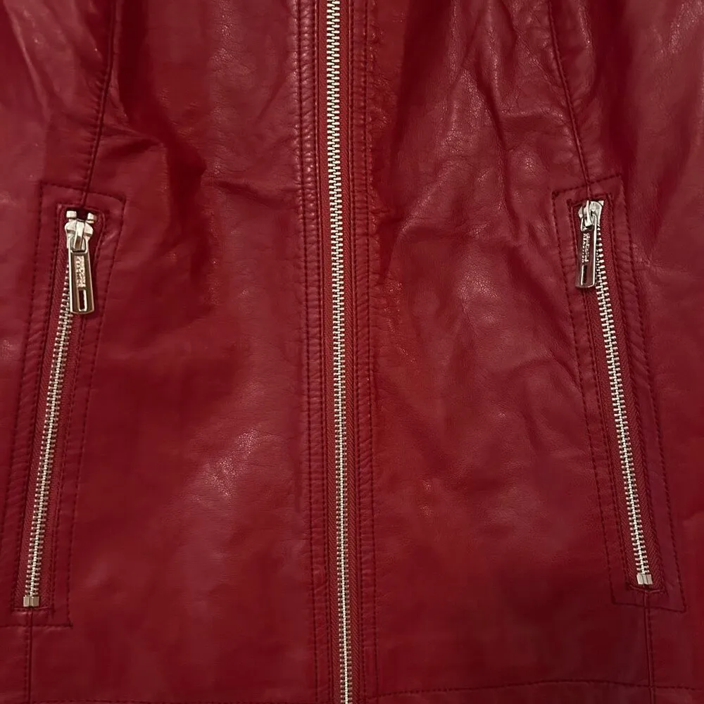 Kenneth Cole "Reaction" Faux Leather Red zip up Jacket Women size Medium - Image 2
