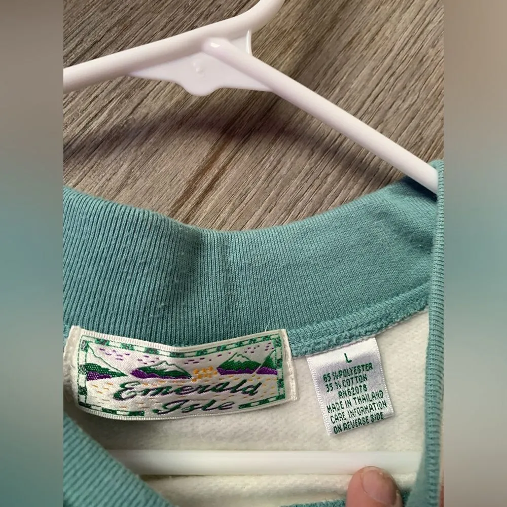 VTG Floral Embroidered Sweatshirt Crewneck Sweater Cream Blue Size M L White Size L - Image 10