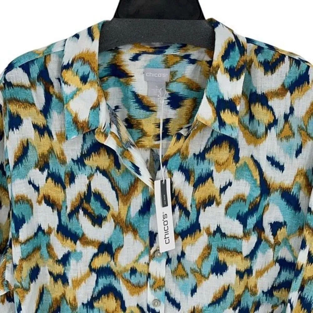 Chico's Womens‎ Cabo Ikat 3/4 Sleeve No Iron Button Up Shirt Soleil Yellow 4 NWT - Image 2