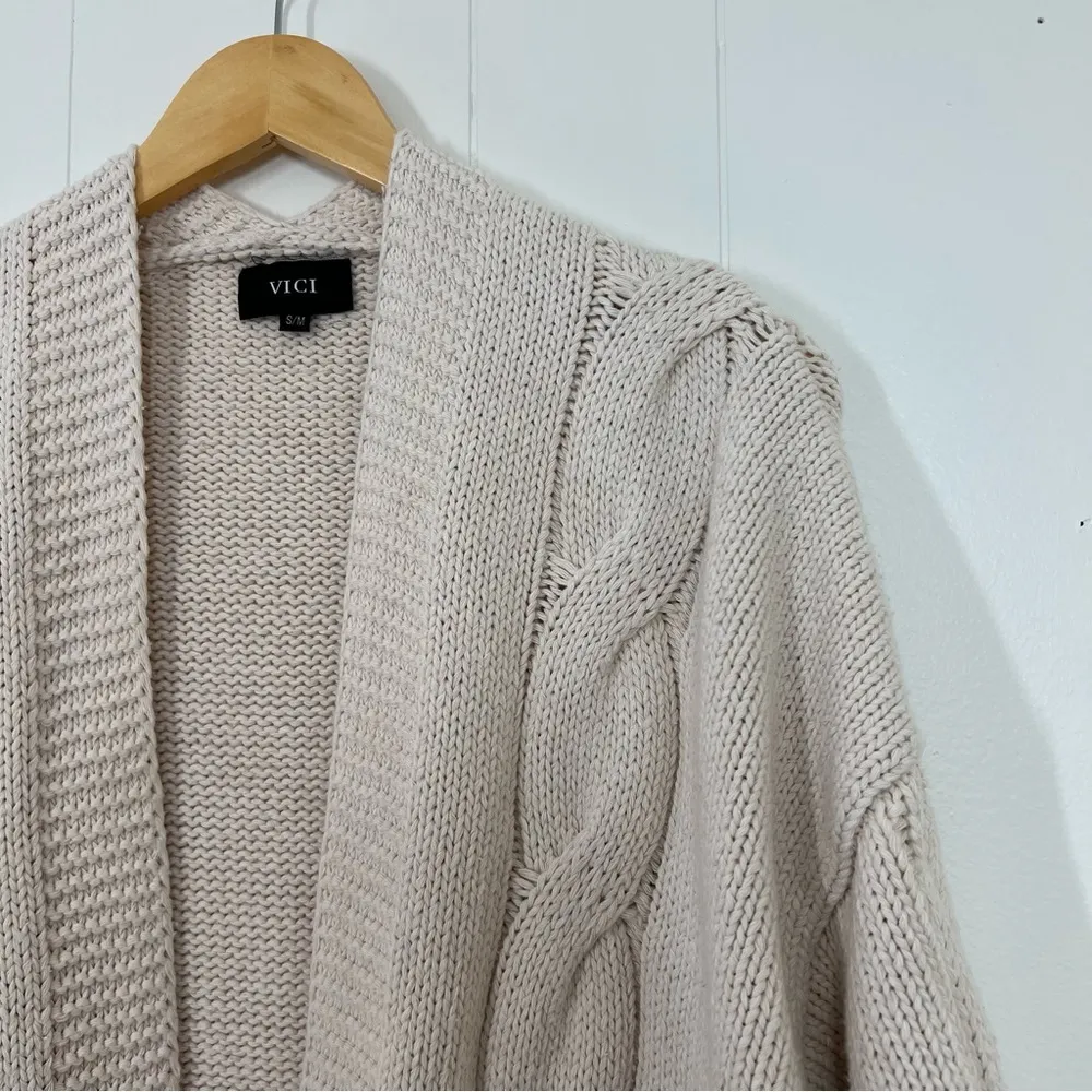 Vici Cream Oversized Heavyweight Chunky Cable Knit Belted Cardigan - Image 3