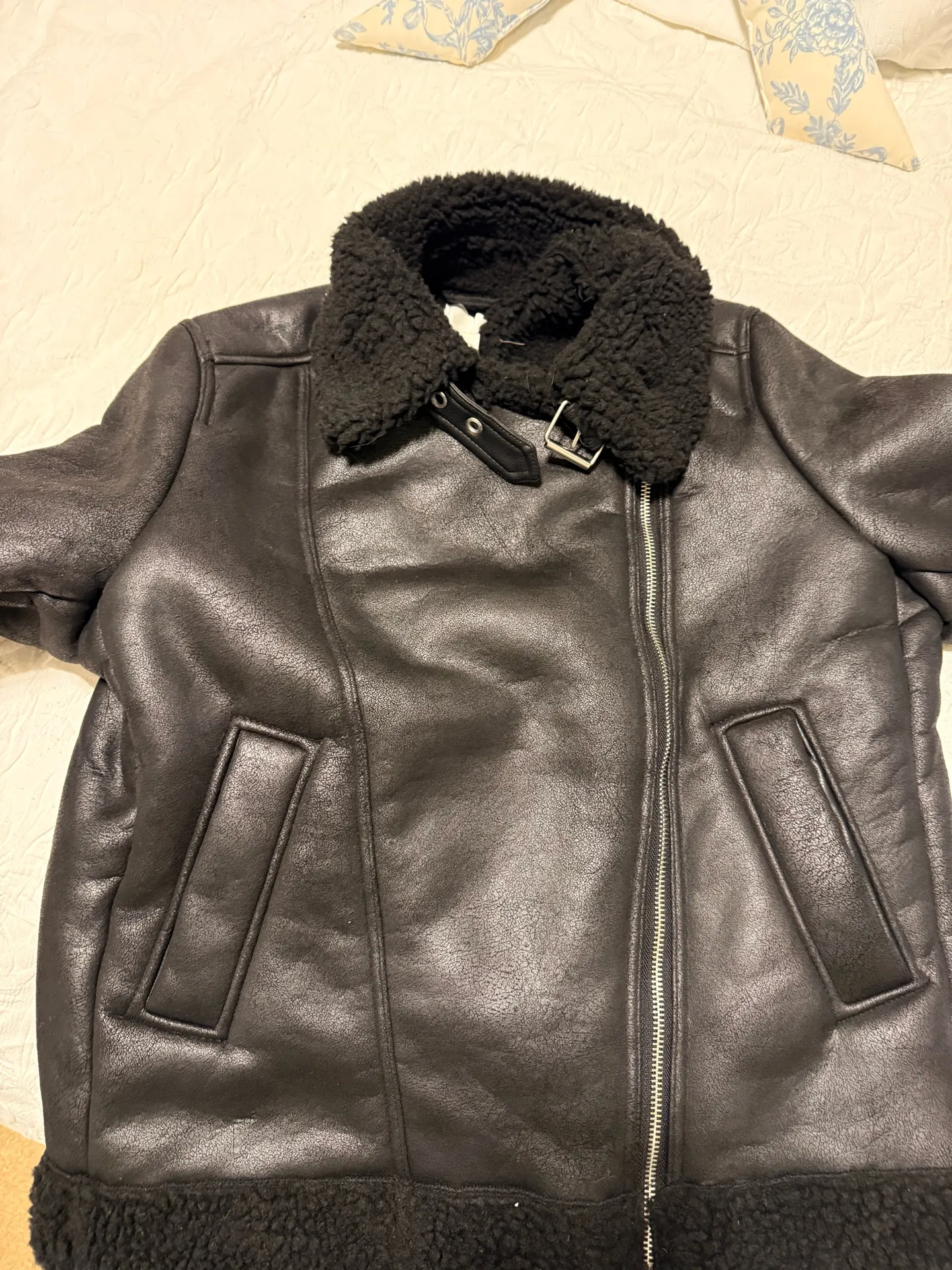 H&M Leather Fur Jacket Coat Winter Black Fur  - Image 6