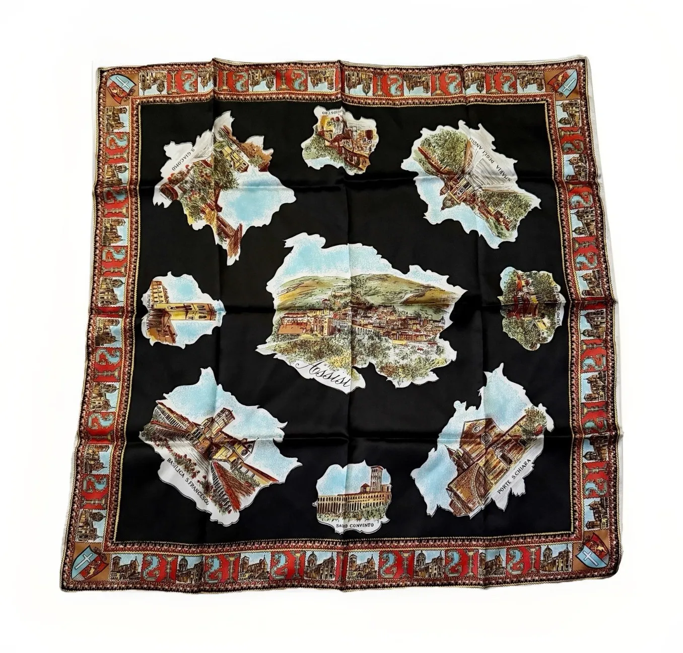 VTG Assisi Italy Souvenir Scarf 26x26" Square Black Tourist Map Landmark Print - Image 1