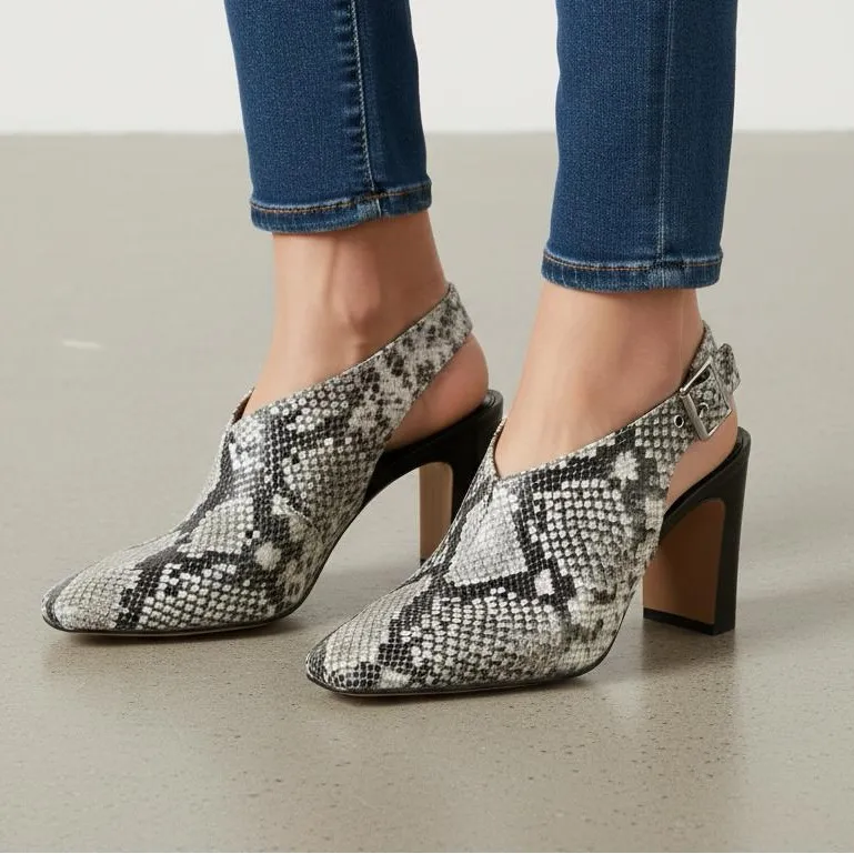 Vince Camuto Leather Saleesha Snakeskin squared Pointed Toe Slingback Heels Sz 8 - Image 2