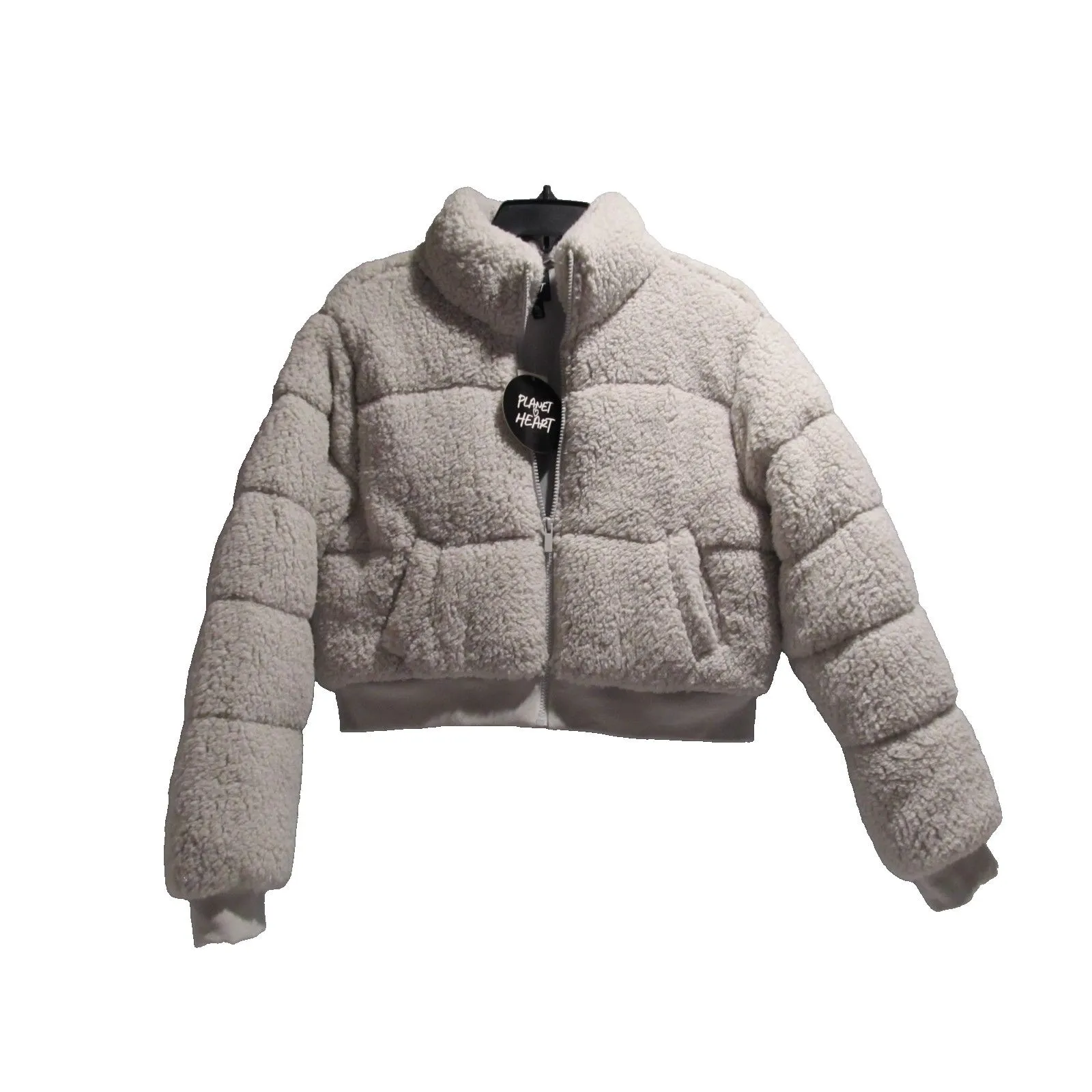Planet Heart Juniors Cropped Sherpa Puffer Jacket Gray | Cozy Zip Front |XL - Image 2