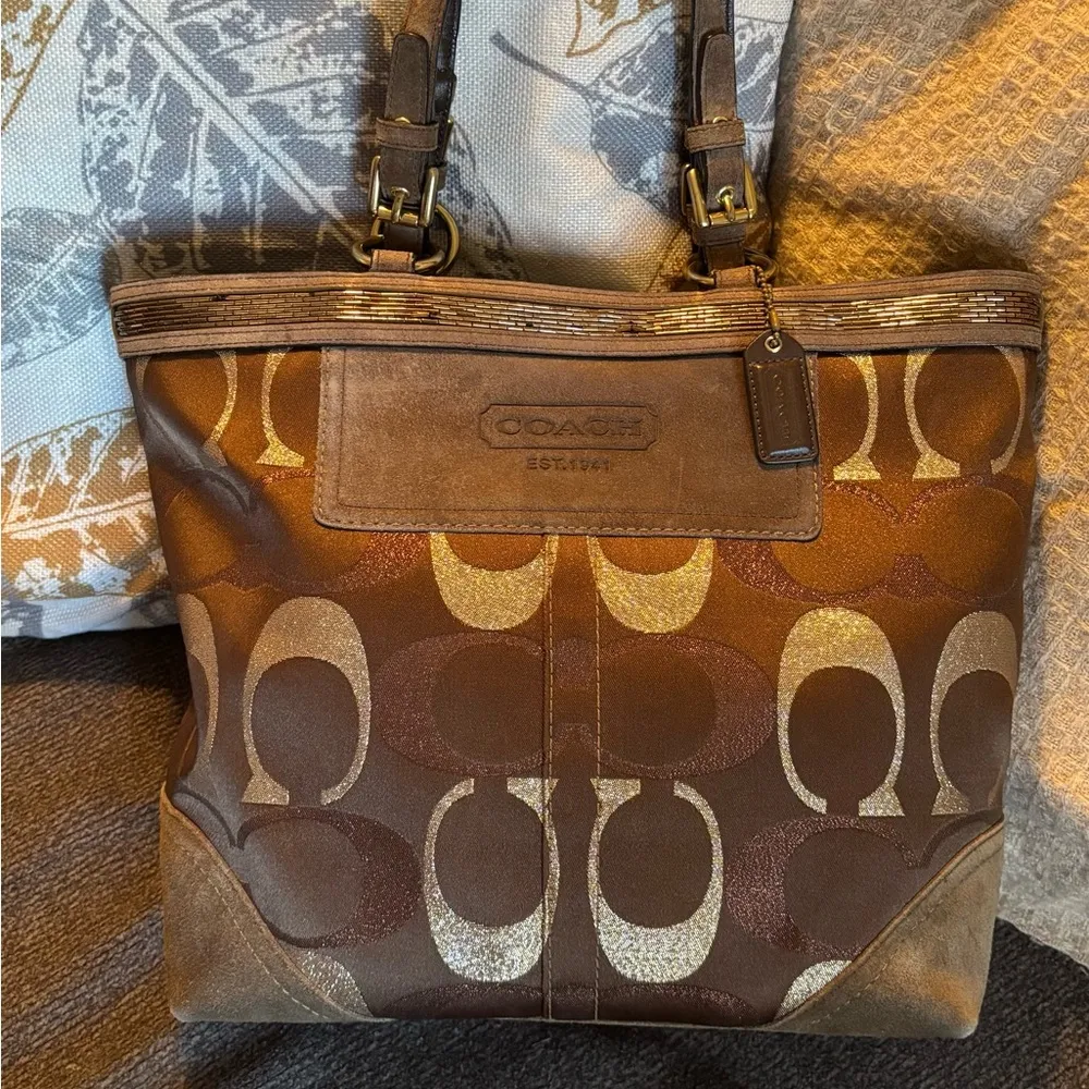 AUTHENTIC COACH 1941 suede leather/Signature cotton canvas Sequins zip top tote - Image 7