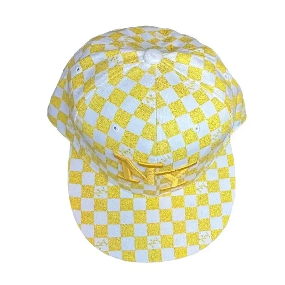 NEW YORK NY YELLOW CHECKERED SPARKLE‎ HAT BASEBALL CAP BY CITY BIG SIZE L 7.5 - Image 2