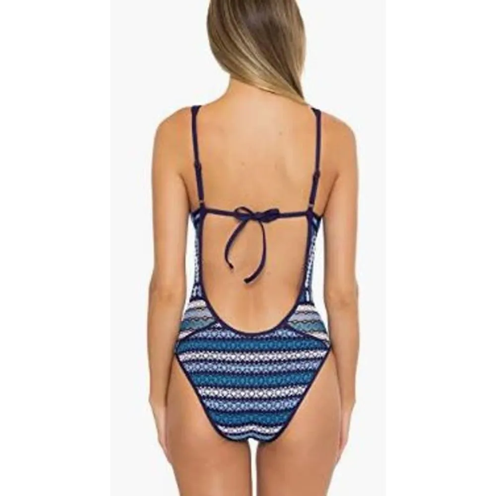 NWOT Becca Driftwood Show & Tell Plunge One Piece Crochet Swimsuit Large Blue - Image 8