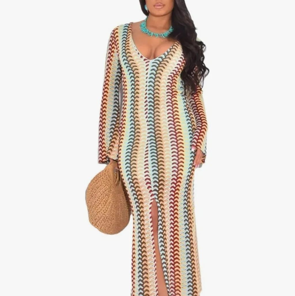 Crochet Maxi Dress with Long Sleeves Sizr XL Bell Sleeves New Brown - Image 2