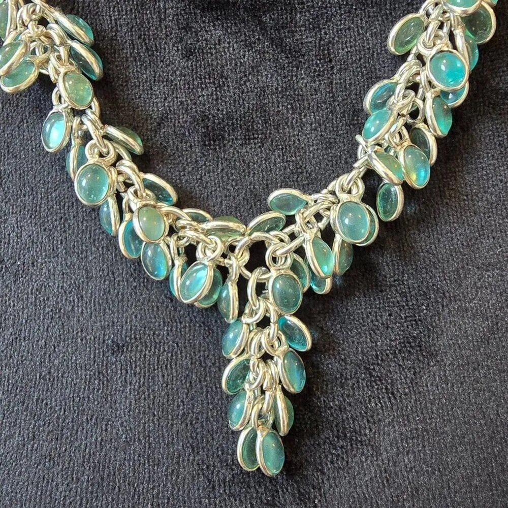 Womens Fashion Blue Triplets Opal Silver Tone Chain Necklace with Lobster Clasp - Image 6