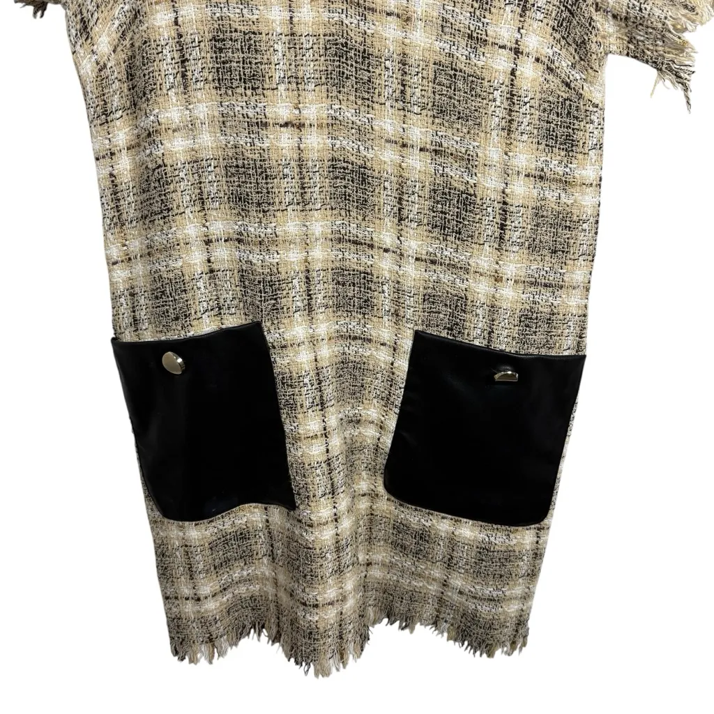 Zara Women’s Tweed Plaid Leather Pocket Shift Mini Dress Beige Size XS - Image 7