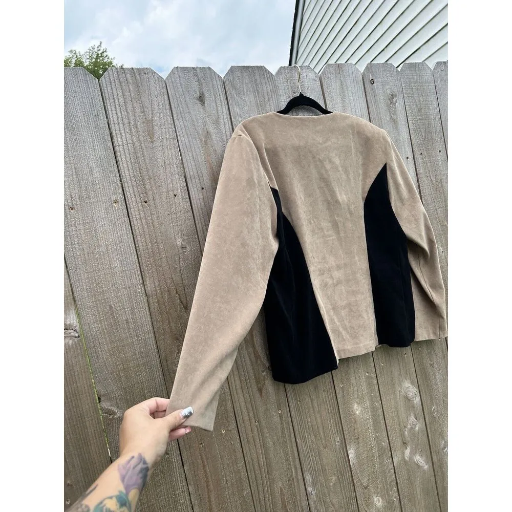 donna ricco sport Faux Suede Zip Up Vintage Jacket Metal‎ Detailing Tan Black 16 - Image 10