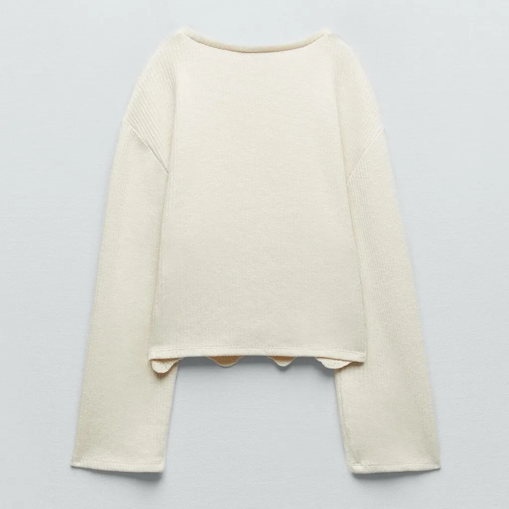 ZARA Beige Ecru Crocheted‎ Long Sleeve Sweater Sweatshirt Top Shirt Size Small - Image 7
