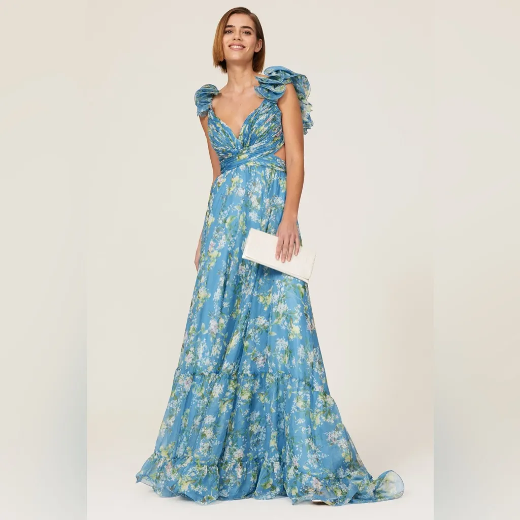 Mac Duggal Ruffle Tiered Floral Cut Out Chiffon Gown Blue Multi 67803 Size 2 - Image 6