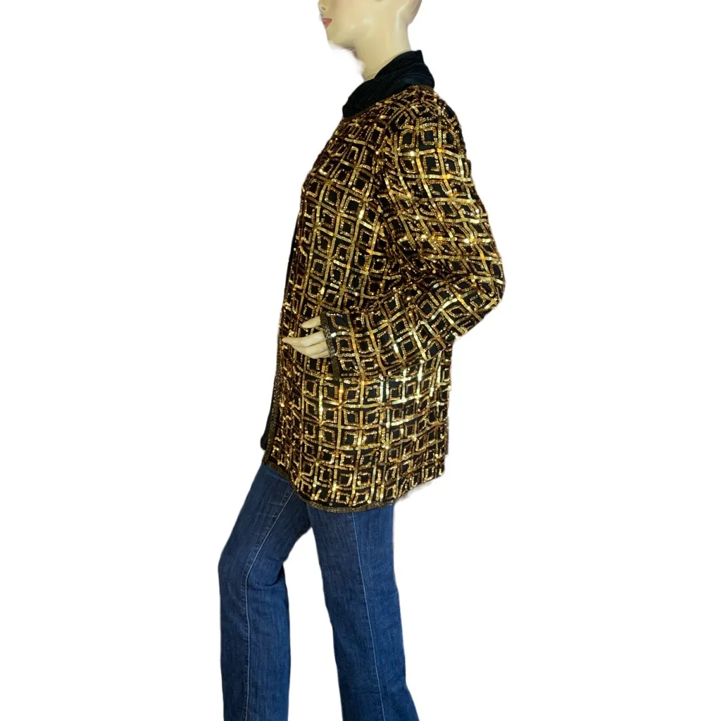 VINTAGE CIRCA 1980'S CARINA BLACK W/GOLD SEQUINS SILK OPEN-FRONT JACKET (XL) - Image 7