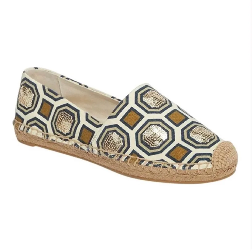 Tory Burch Cecily Embellished Espadrille Flats 6 Tan Canvas Sequin Rattan shoes - Image 2