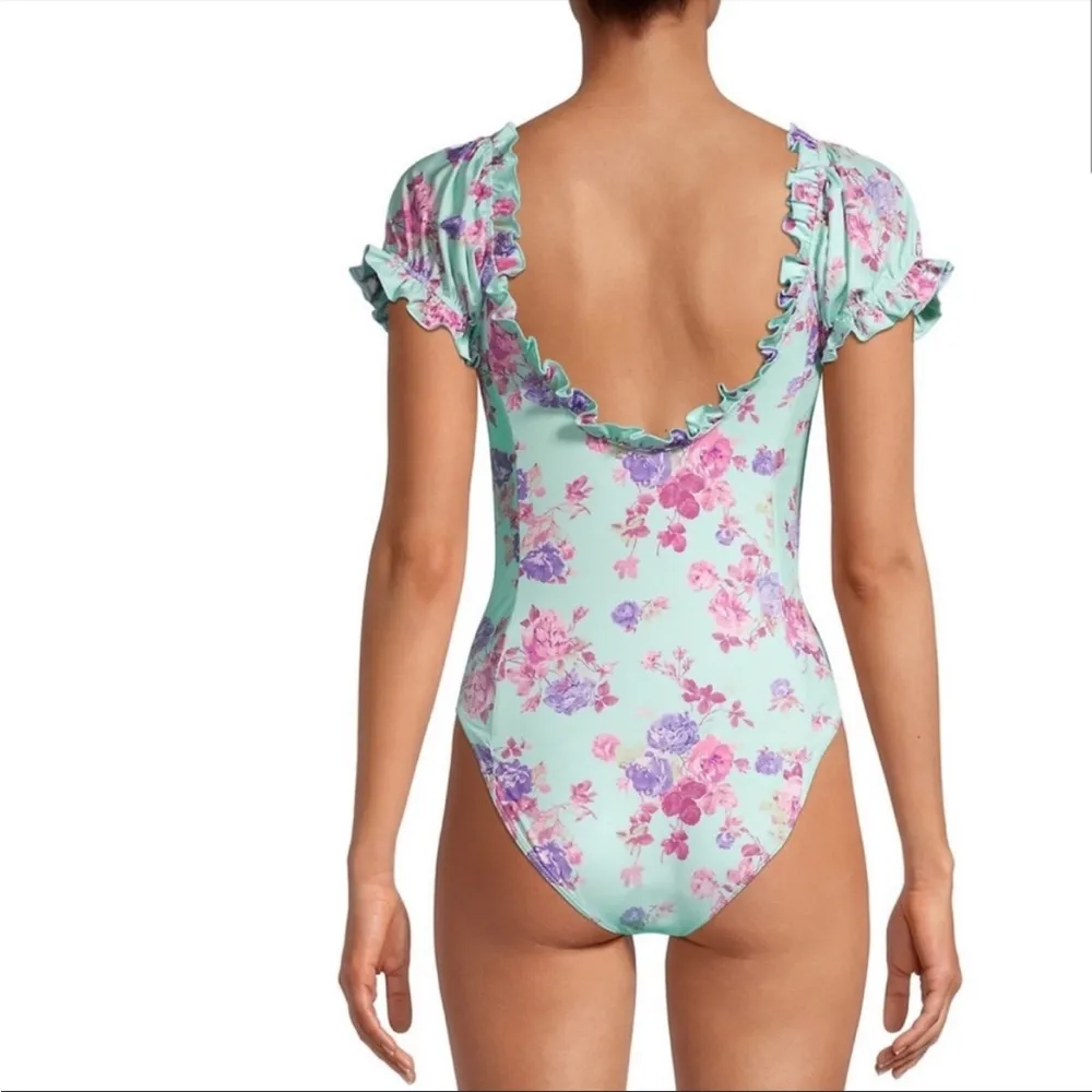LoveShackFancy Fantasia One Piece Turquoise Skies Floral Ruffle Swimsuit Size L - Image 2