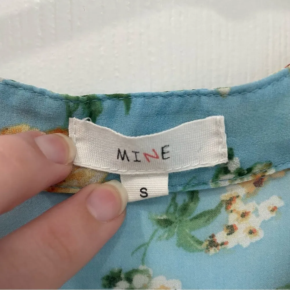 MINE Light Blue Sheer Floral Short Sleeve Partial Button Down Women’s Size S - Image 4
