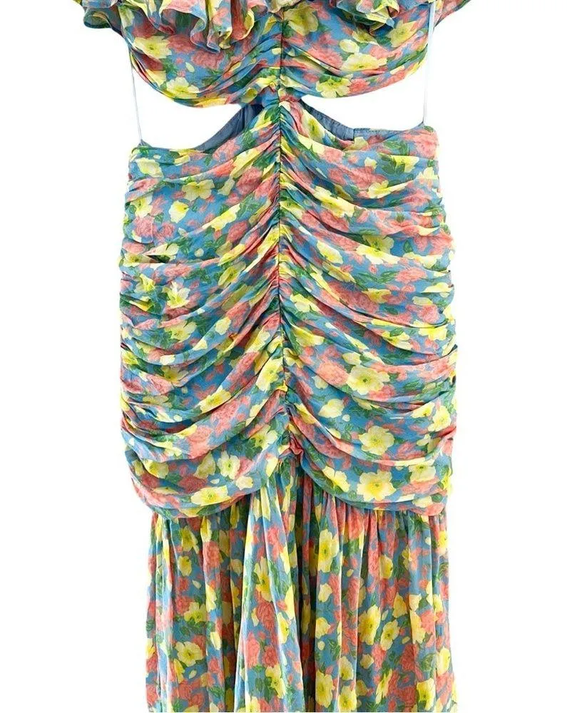 AMUR Amore Floral Ruffle Cutout Silk Maxi Dress Sz 6 - Image 5