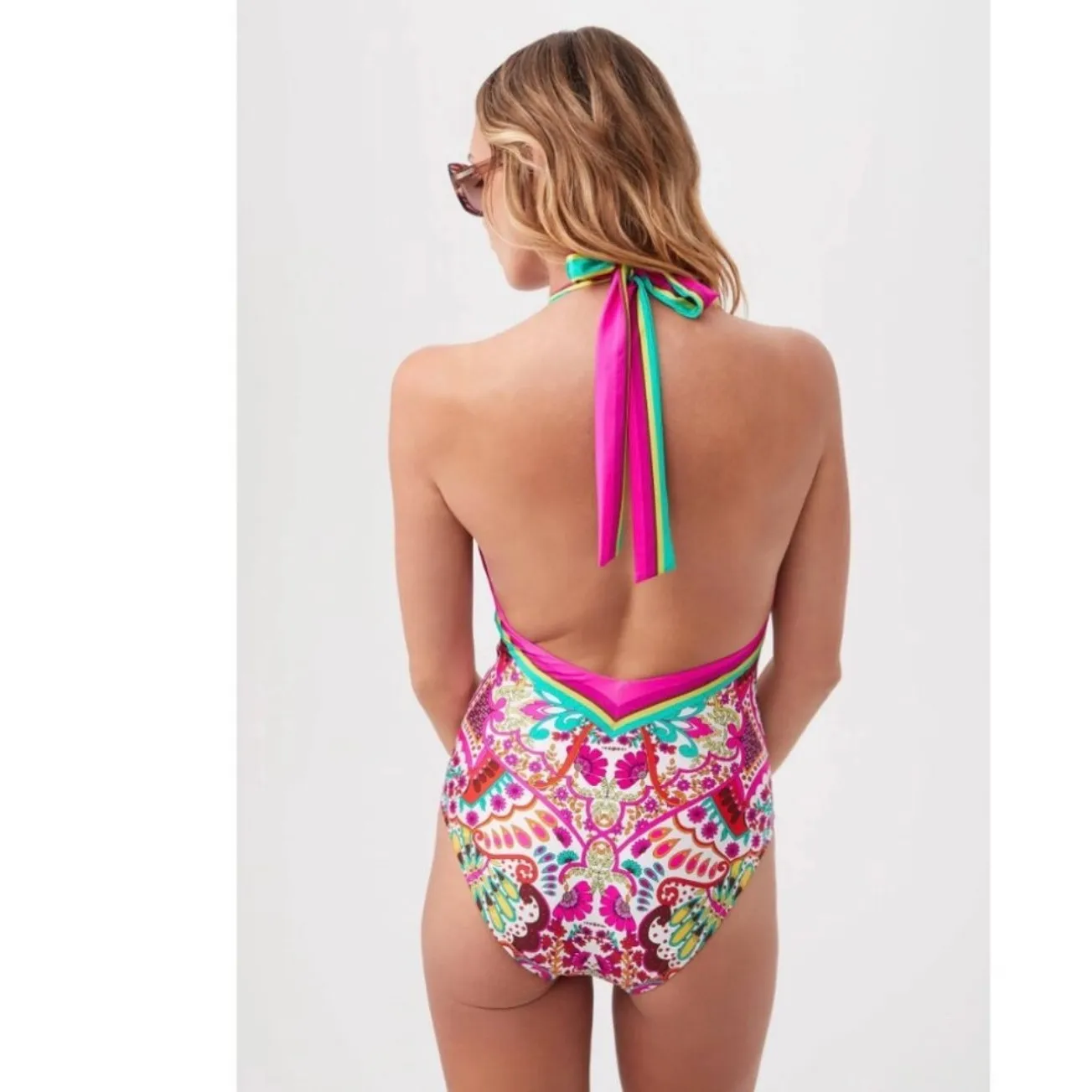 Trina Turk Multicolor Paisley Plunge Halter One Piece Swimsuit - Size 14 NEW - Image 3