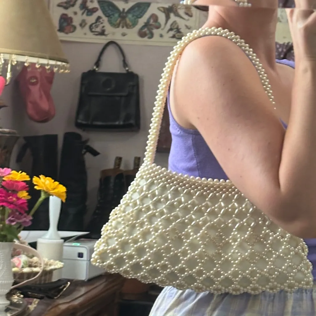 Vintage Pearl Knit Beaded Cream Shoulder Bag - Image 8
