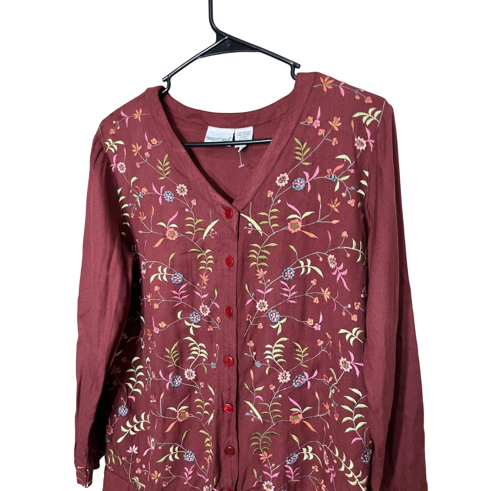 Newport News Burgundy Embroidered Floral V-Neck Button Up Cardigan Top 8‎ - Image 2
