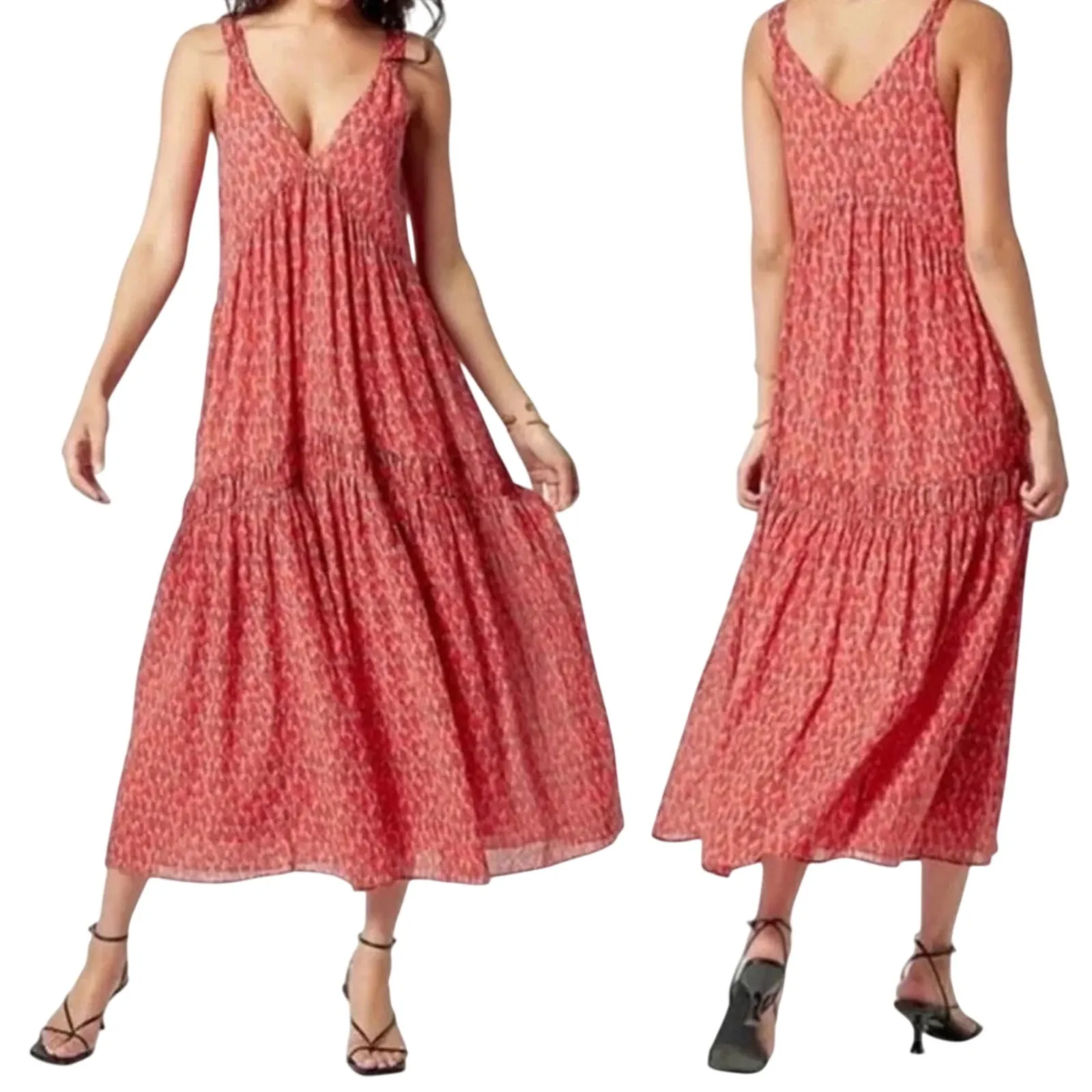 NWT JOIE Women’s Boho Tiered Midi Dress Red and Pink Geo Print XL - Image 2