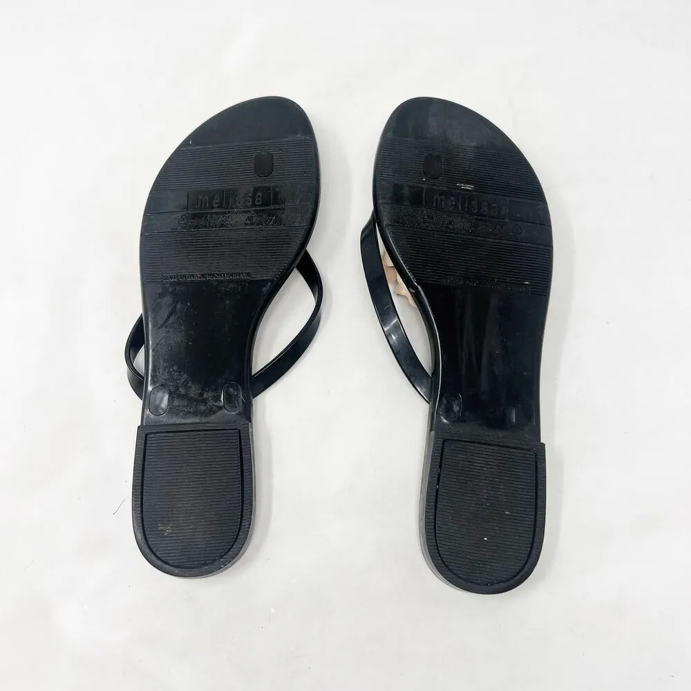 [Melissa] Black Jelly Sandals Rubber Flip Flop Beige Flower Beach Thongs Size 9 - Image 12