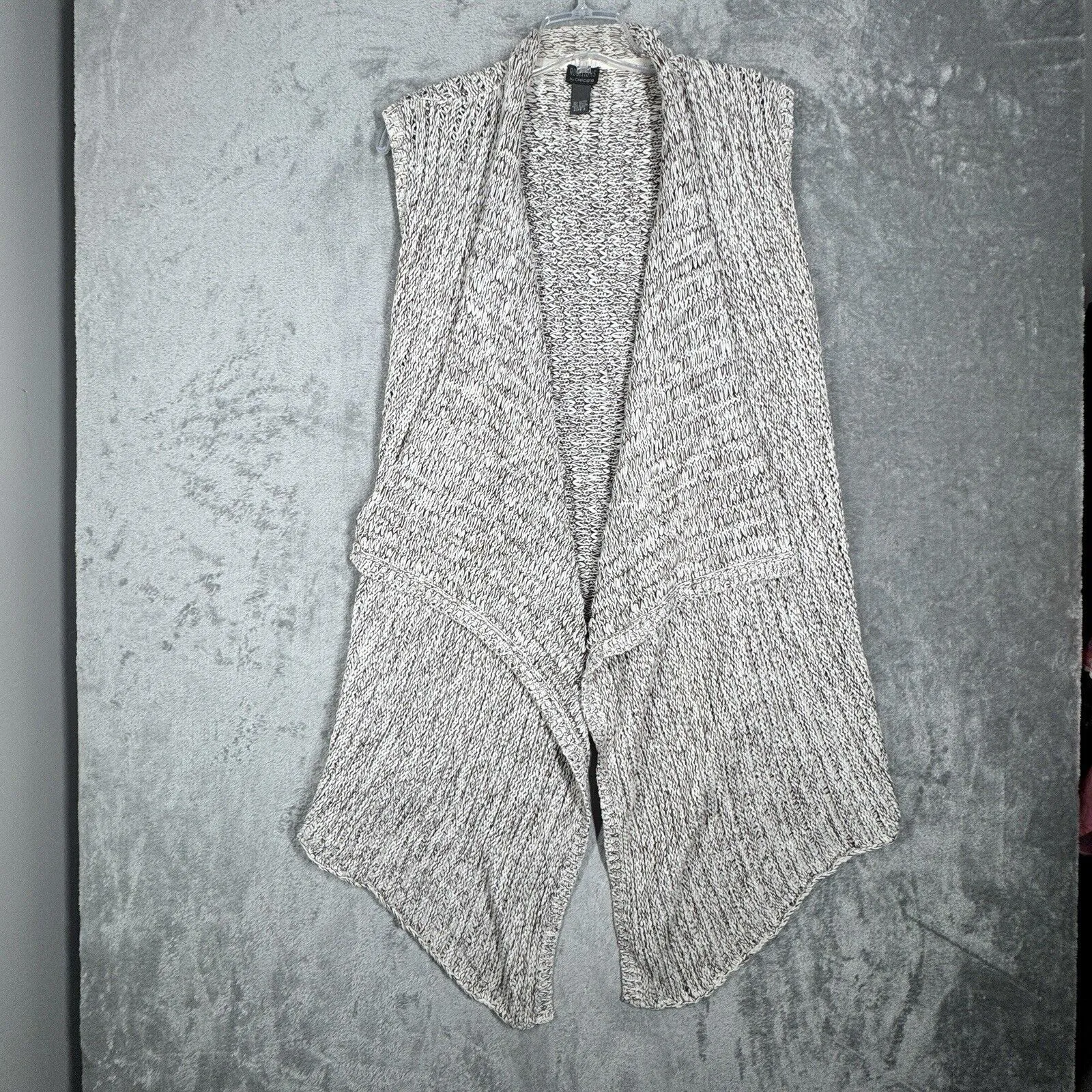 Chicos Sweater Womens Large Black‎ White Marled Open Front Cardigan Vest Neutral - Image 2