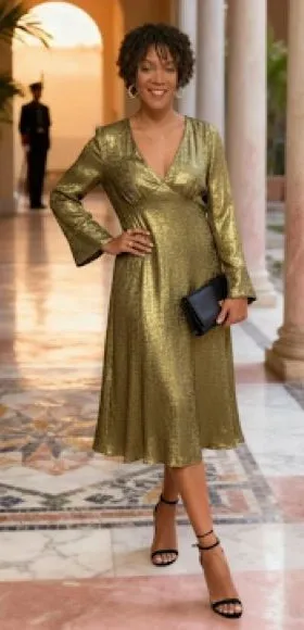 FRNCH PARIS | Metallic Gold Long Sleeve Lisna Midi Dress Sz XS - Image 2