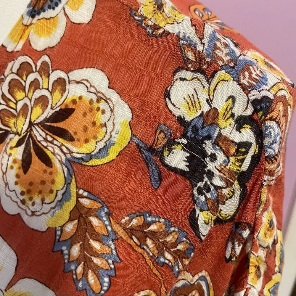 H.I.P Retro Orange Floral Duster Kimono Short Bell Sleeves Open Front Rayon M/L - Image 4