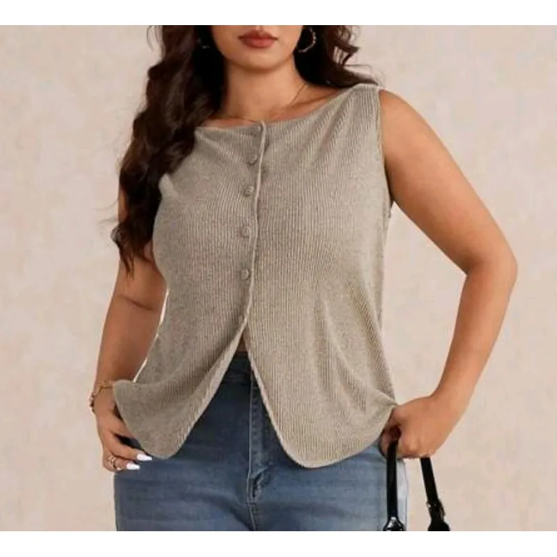 NEW Womens Plus 1X 14 16 Gray Ribbed Button Front Sleeveless Tank Top Shirt Vest - Image 3