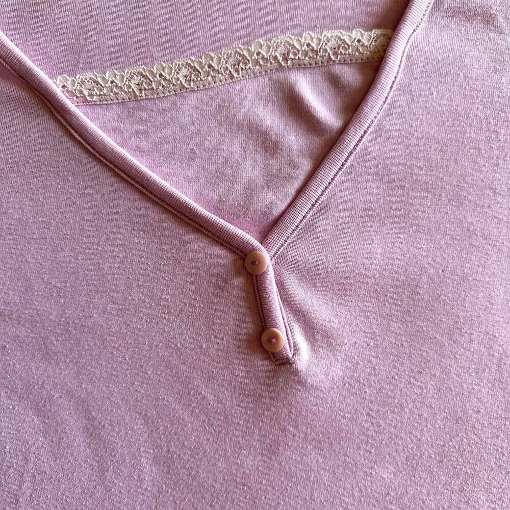 Drapers & Damons Baby Pink Henley Top Lace Trim Sz L Coquette Fairy Y2K Indie Size L - Image 2