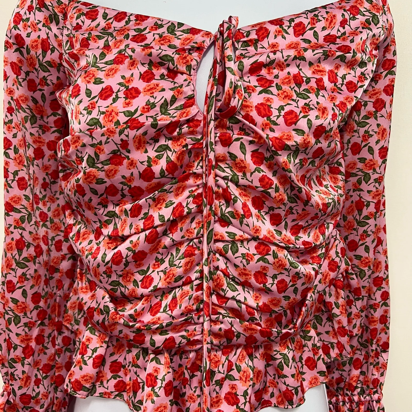Wayf Avra Short Puff Sleeves Crop Top Red Pink Floral Smocked Ruffle Peplum XL - Image 11