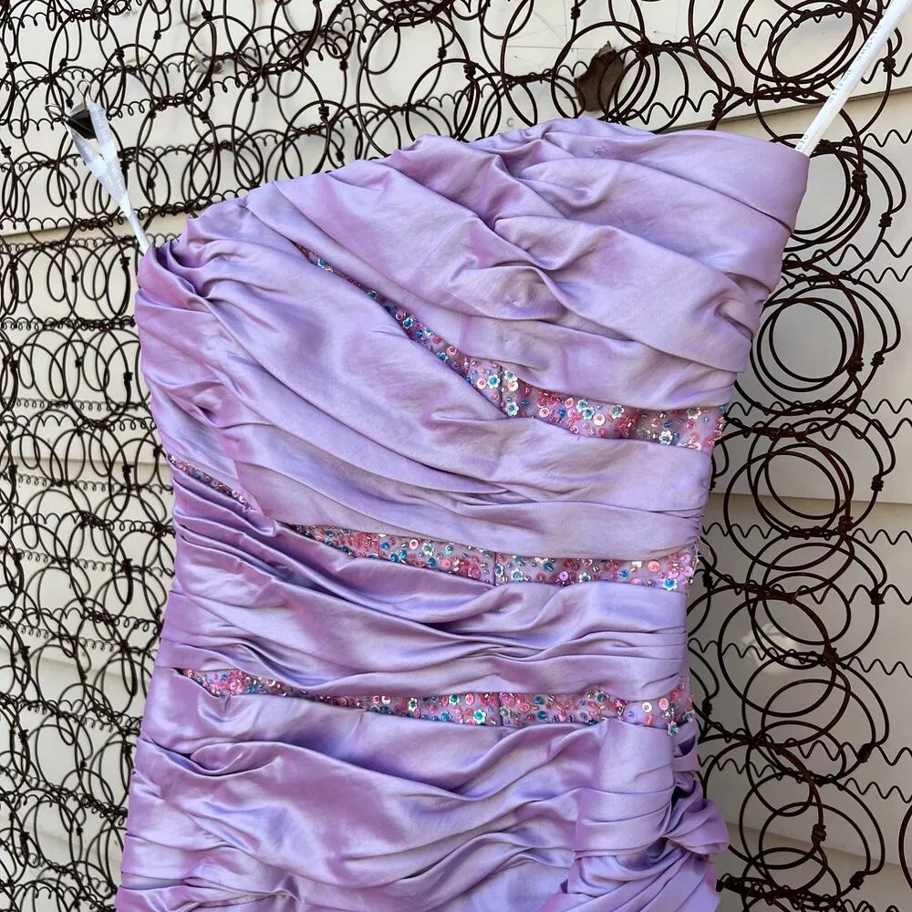 Y2K Alfred Angelo purple ruched sequin short strapless prom dress - Image 5