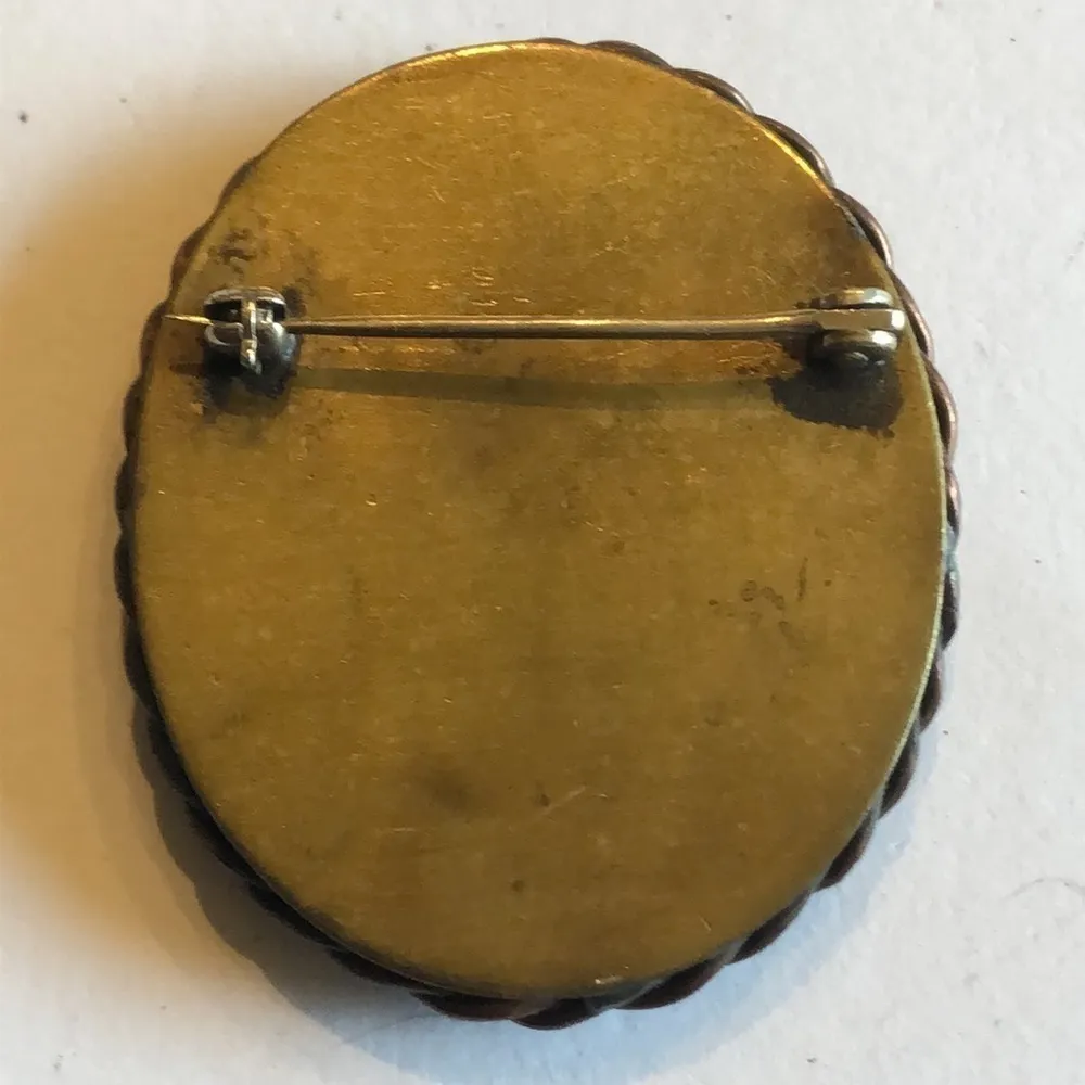 Antique Gold Stone Micro Mosaic Floral Bronze Color Shimmer Brooch Pin - Image 6