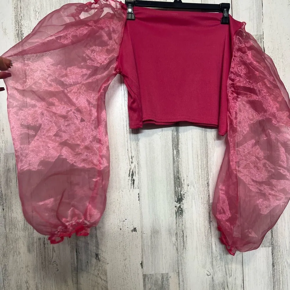 PrettyLittleThing Plus Size 3XL Pink Organza Puff Sleeve Crop Top - Image 2