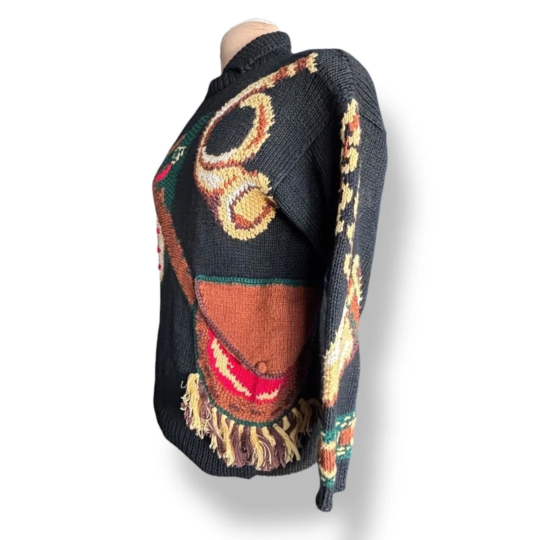 Vintage The Eagles Eye Black Hand Knit Chunky Equestrian Trompe Loeil Sweater Size M - Image 3